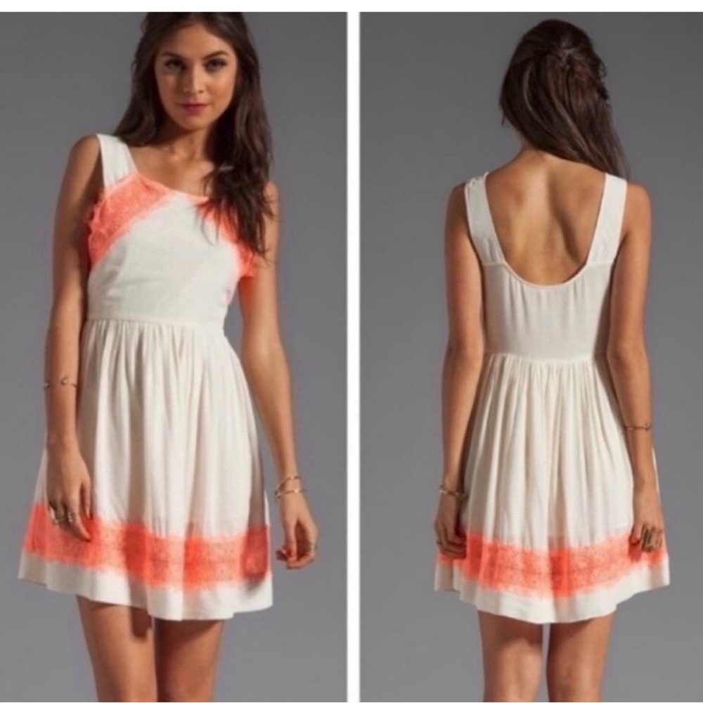 Free People cream and neon orange lace  Sleeveless Dress